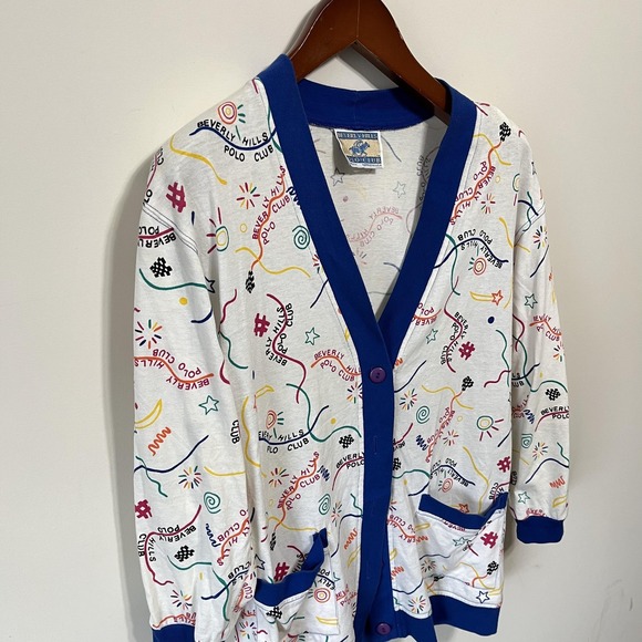 Vintage Beverly Hills Polo Club Cardigan Womens M Colorful Graphic Sweater Prep - Picture 2 of 5